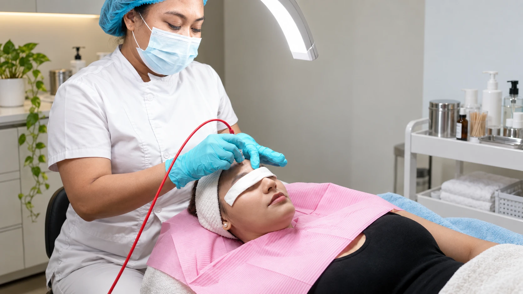 A skincare specialist performing a facial treatment on a client at Gluta RepubliQ in a clean beauty clinic.