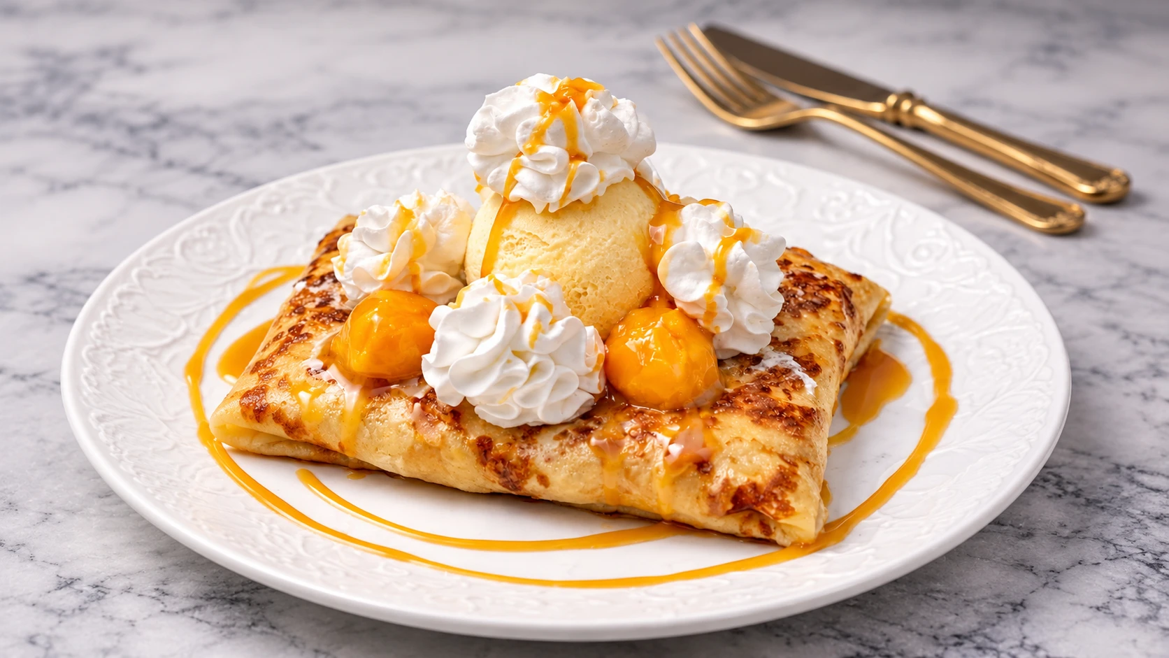 Dessert crepe topped with vanilla ice cream, whipped cream, mango pieces, and sweet mango sauce.