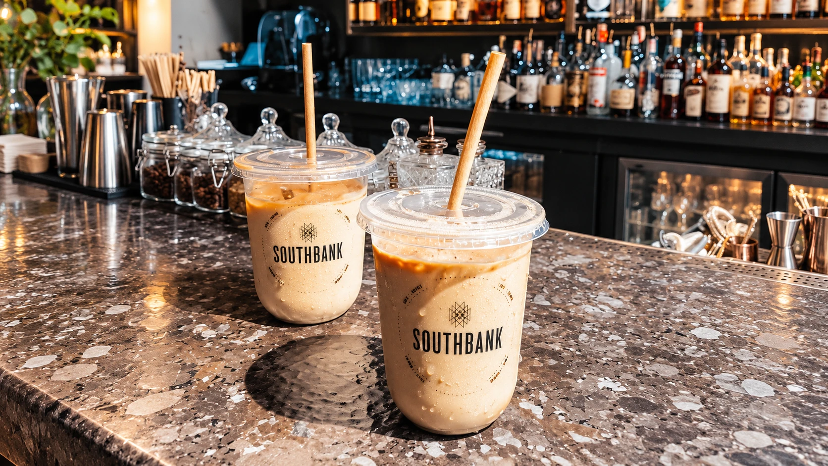 Two iced coffee drinks from Southbank Café + Lounge served on a marble bar counter.