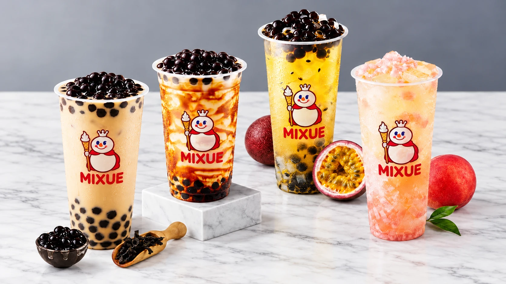 Four refreshing bubble tea drinks featuring milk tea, brown sugar, passion fruit, and peach flavors topped with black tapioca pearls.
