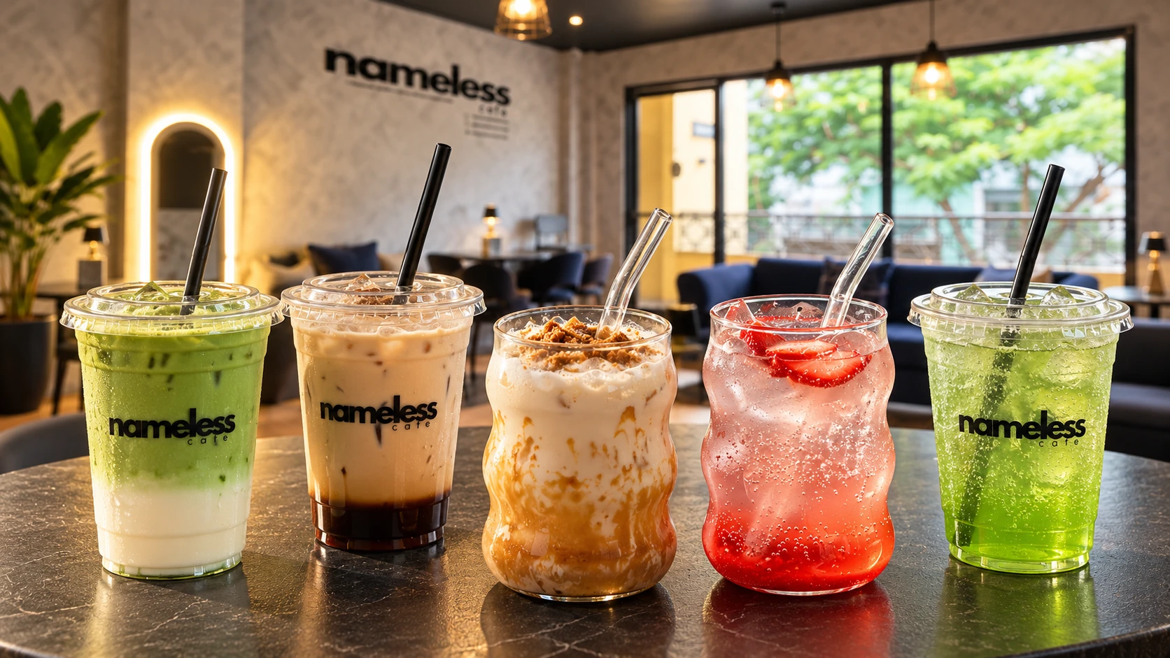 Modern interior of Nameless Café featuring warm lighting, black tables and chairs, comfortable lounge seating, and large windows overlooking greenery.