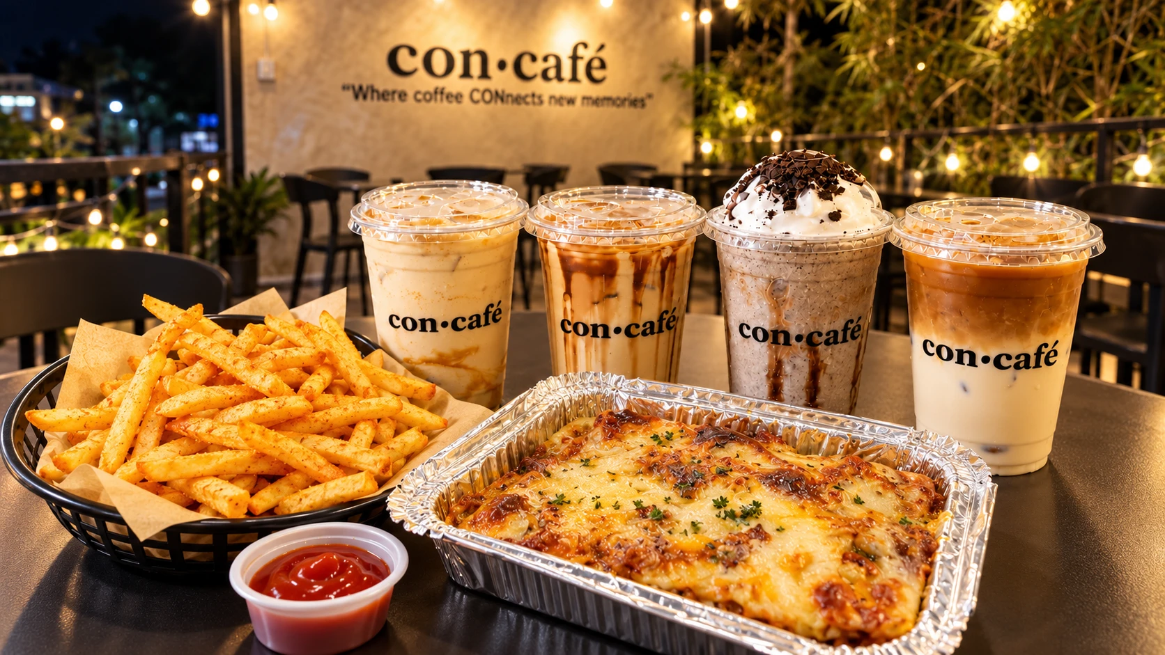 Four iced specialty drinks from Con Café, including creamy, caramel, chocolate, and coffee beverages served on a gray tray.