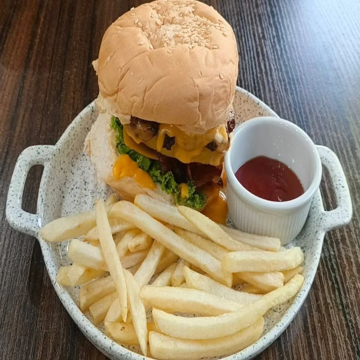 Overload Burger with fries